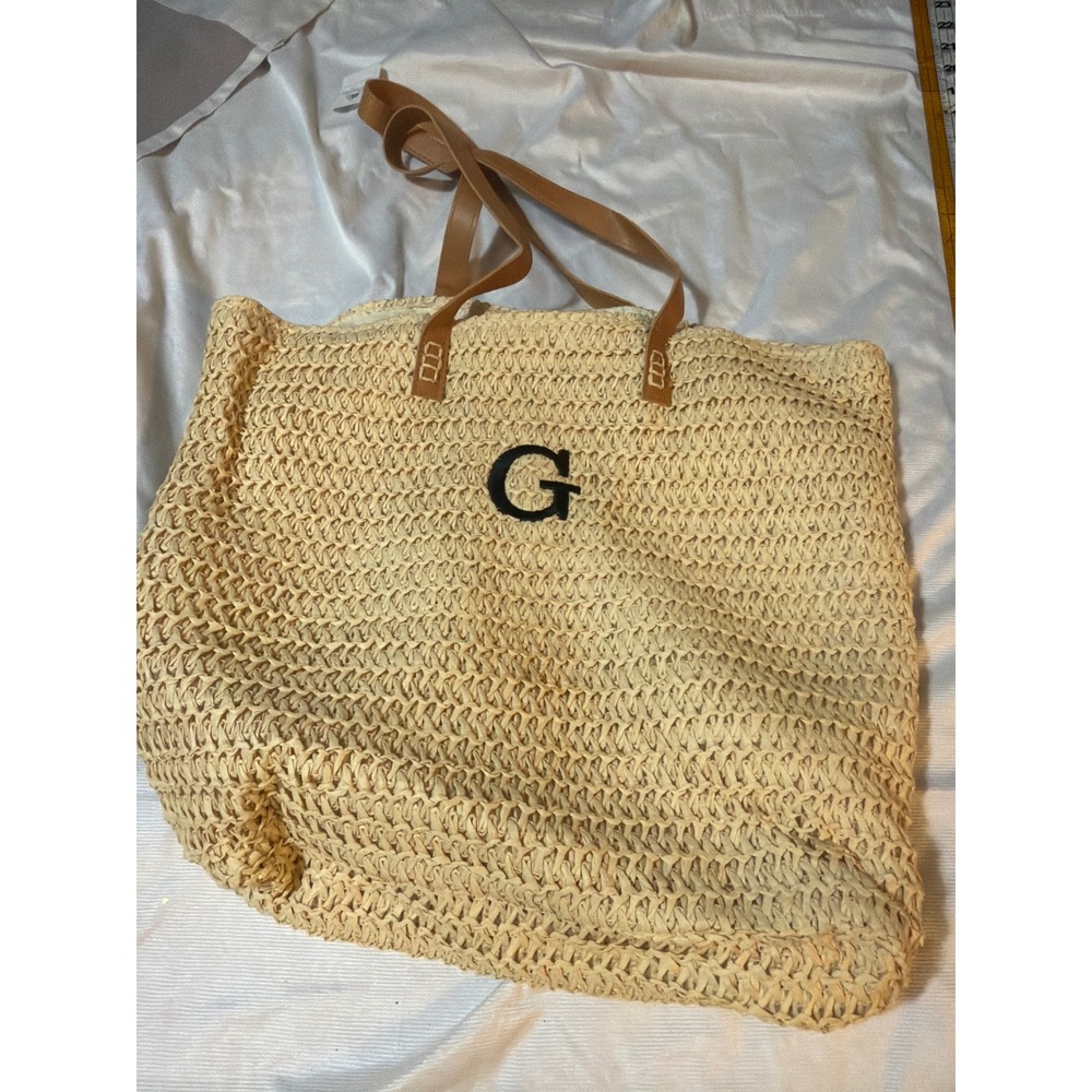 Weddingstar Woven Straw Tote Bag Initial G Beige Tan Beach Shoulder Bag NEW